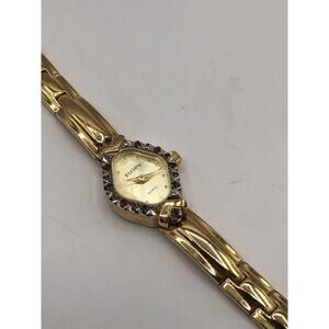 Rare Vintage Elgin Genuine Ruby Rhinestone Ladies Gold Tone Quartz Watch READ